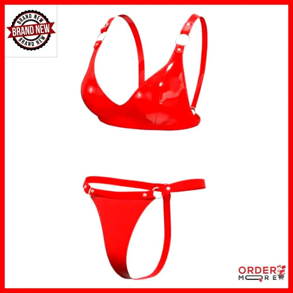 Shiny Latex Bra and Leather Shorts Lingerie Set Adjustable Sleepwear